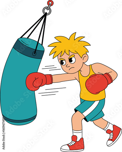 Cartoon boy boxer punching heavy bag, wearing red gloves, kids boxing training, sports illustration, fitness character, animated athlete, workout exercise, action