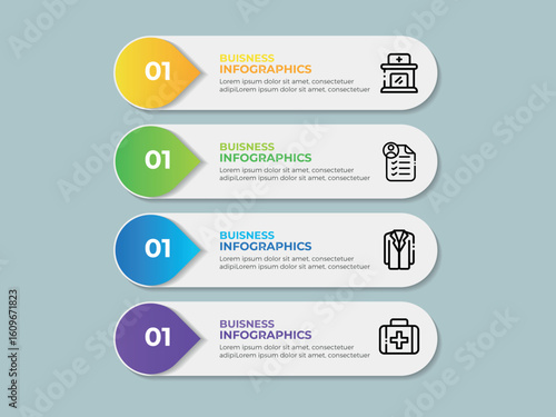 4 steps Business presentation infographic template set. Keynote presentation background, slide templates, website ideas, landing page, annual report brochure. Vector Illustration