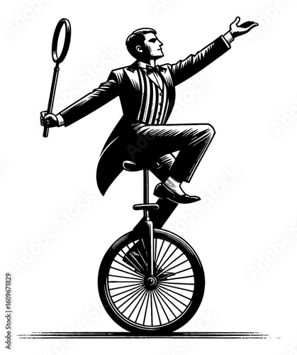 Elegant Circus Performer Balancing on Unicycle Black and White Outline Line Art Drawing Vintage Etching Style