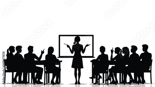Silhouetted people in a meeting with a presenter at a whiteboard presentation silhouettes