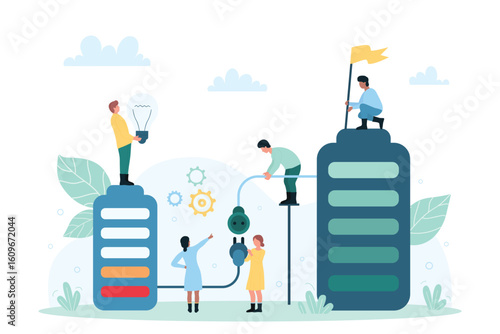 Powerbank, device recharge with charger technology vector illustration. Cartoon tiny people holding plug and socket on long cables, team of characters charging huge battery with low energy charge