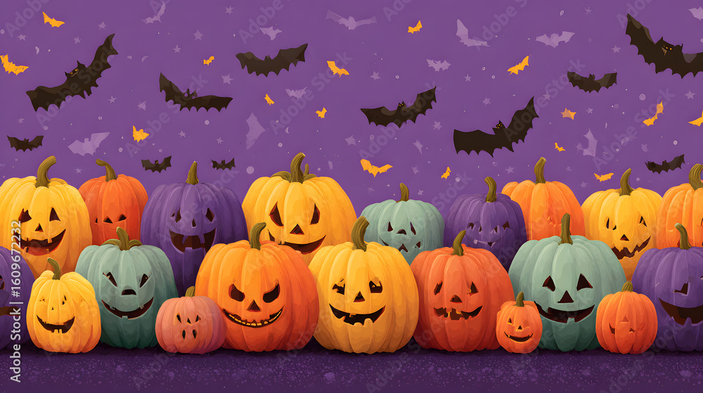 Fototapeta premium Colorful jack-o'-lantern pumpkins row against purple background with bats