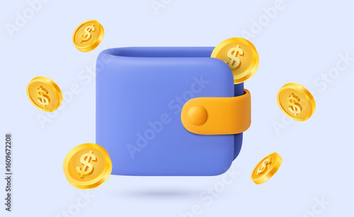 3d minimal wallet with golden coins flying around, isolated on background. Wallet coin icon in 3d vector illustration. Vector illustration