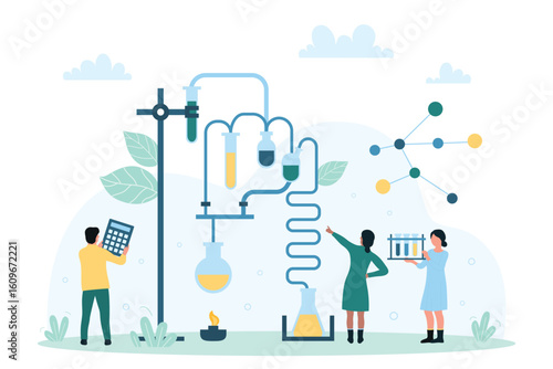 Laboratory chemistry experiment of tiny scientists vector illustration. Cartoon team of chemists using scientific equipment to research and study chemical processes, characters analyzing and learning