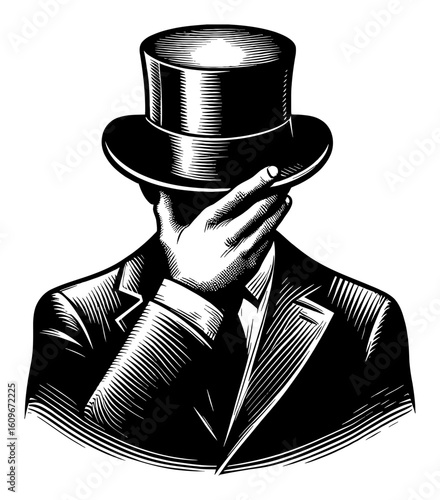 Vintage Businessman Wearing Top Hat and Suit Making Facepalm Gesture Black and White Outline Line Art Drawing Illustration