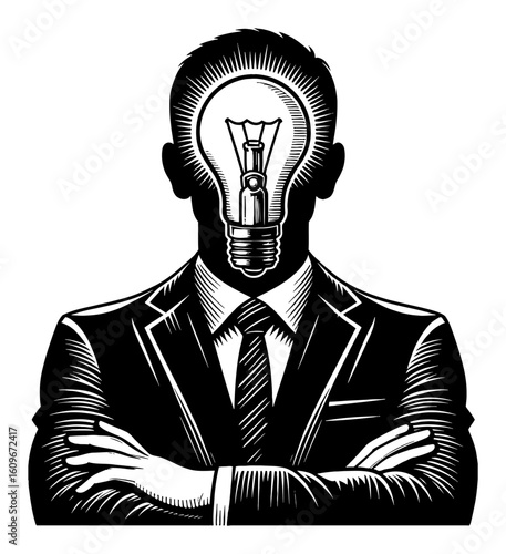 Businessman Silhouette with Lamp Bulb Idea Inside Head Arms Crossed Black and White Outline Line Art Drawing
