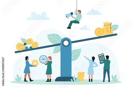 Light bulb symbol of business creative idea and money on seesaw scales vector illustration. Cartoon tiny people compare weight and price of lightbulbs, comparison of innovations cost for budget