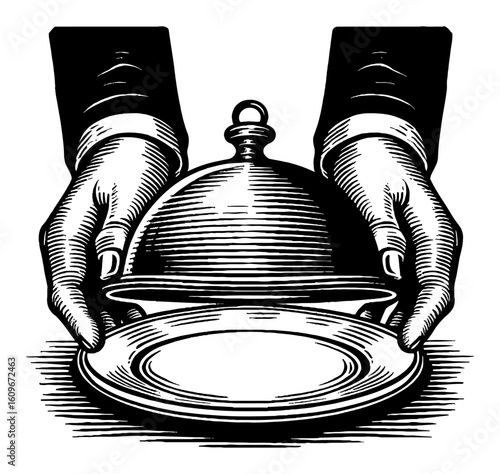 Formal Hands Holding Empty Plate Opening Cloche Dinner Service Black and White Outline Line Art Drawing