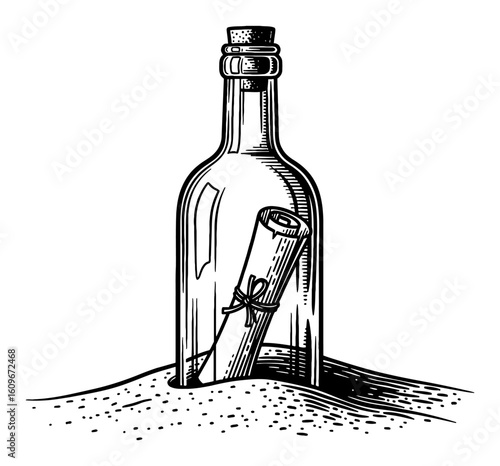 Letter Message Scroll Inside Bottle Floating on Sand Black and White Outline Line Art Drawing