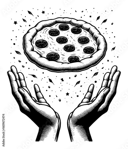 Dynamic Pizzaiolo Hands Tossing Levitate Flying Pizza Dough Black and White Outline Line Art Drawing