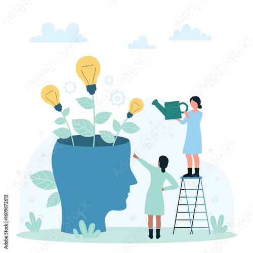 Teamwork on creative idea development and innovation, growing skills and motivation vector illustration. Cartoon tiny people grow yellow light bulb plants inside open brain of abstract human head