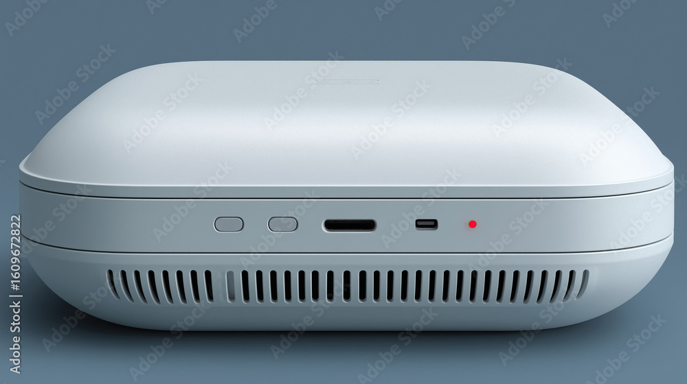 Sleek modern white tech device with USB ports and indicator light on minimalist background Sleek modern white tech device with USB ports and indicator light on minimalist background