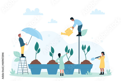 Eco farming, greenhouse and agriculture vector illustration. Cartoon tiny characters holding watering can and umbrella to take care of sprouts of flowers, green plants growing in soil of pots