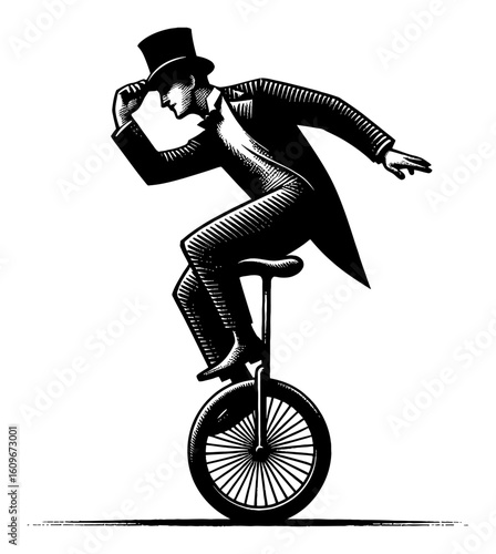 Circus Man in Top Hat Riding Unicycle Balancing Performance Vintage Black and White Outline Line Art Drawing