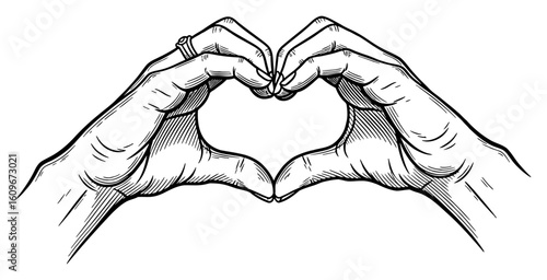Hands Forming Heart Love Shape Gesture Black and White Outline Line Art Drawing Engraving Style