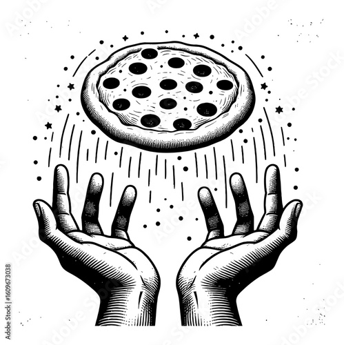 Pizza Dough Flying Above Pizzaiolo Hands in Mystical Black and White Outline Line Art Drawing