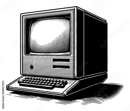 Retro Computer System Black and White Outline Line Art Drawing Vintage Engraving Style Isolated Object