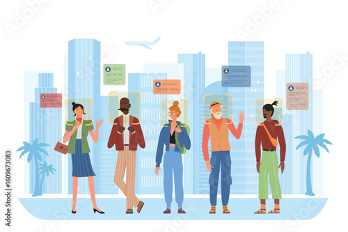 Face recognition of people on city street vector illustration. Cartoon crowd of pedestrians walking on road under AI surveillance, control and identification with artificial intelligence system
