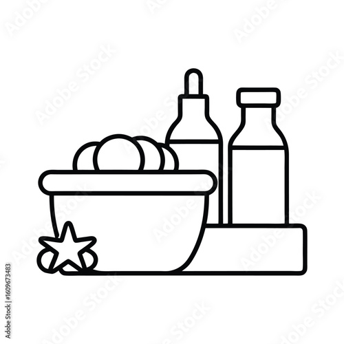 Kitchen counter full of holiday baking tools and ingredients line art vector illustration