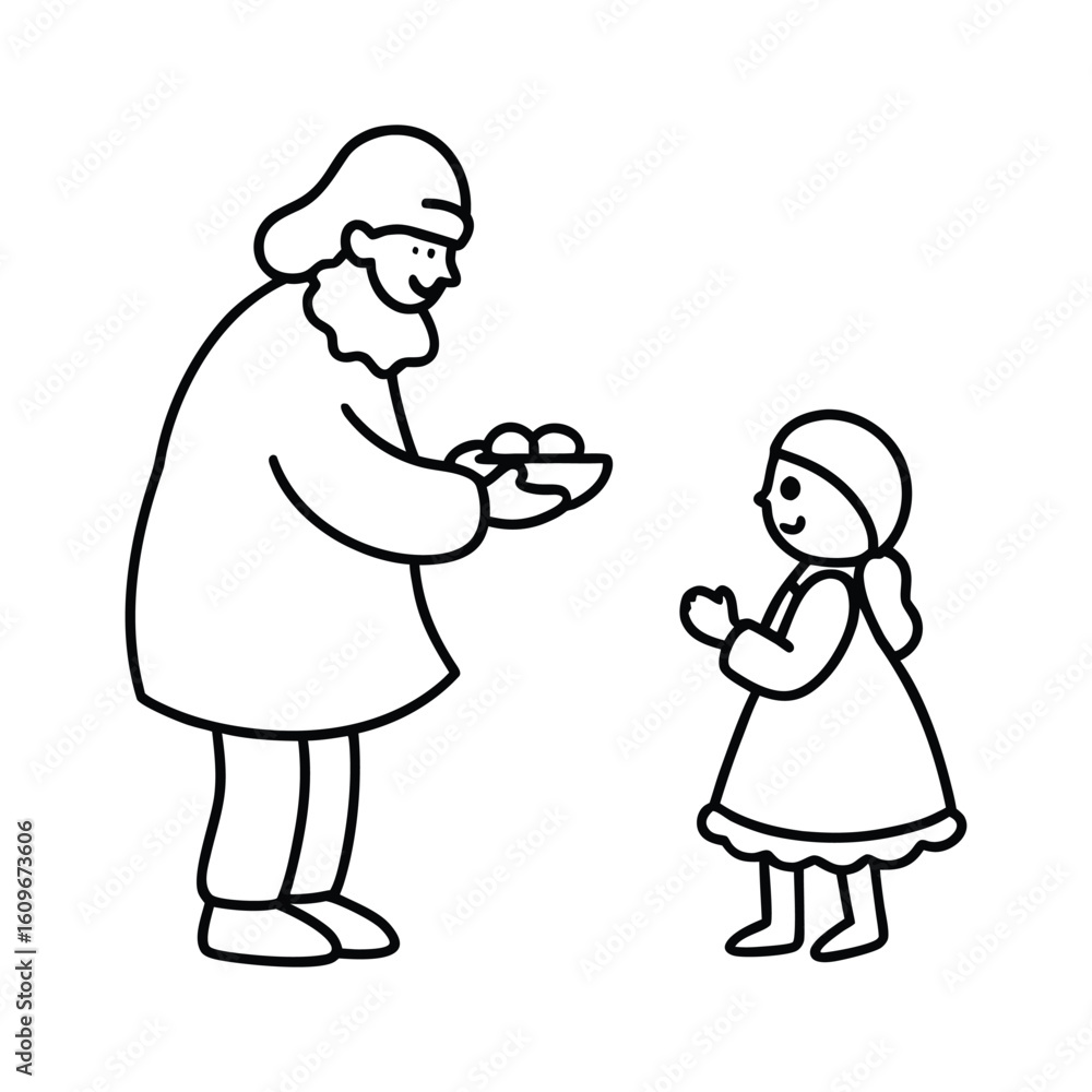 Little girl offering cookies to Santa on Christmas Eve line art vector illustration Little girl offering cookies to Santa on Christmas Eve line art vector illustration
