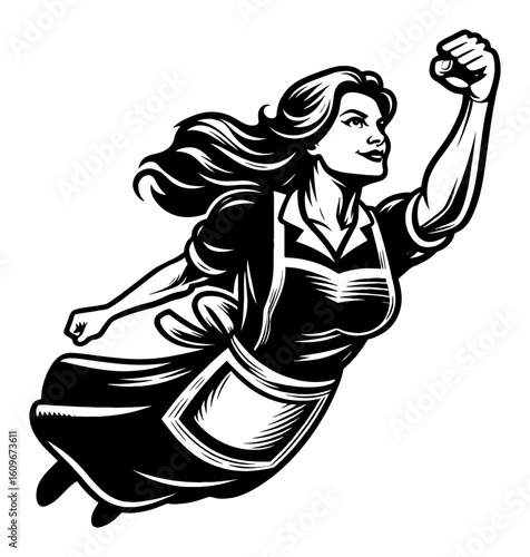 Regular Housewife Mother Flying with Superhero Pose Black and White Outline Line Art Drawing