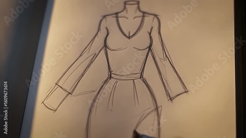 Dress sketched in pencil on sketchpad, cropped to hand drawing line on the paper