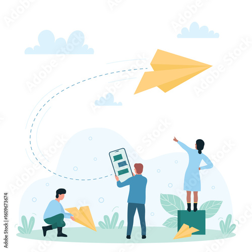 Messages in social media, email and online communication vector illustration. Cartoon tiny people holding mobile phone to send flying paper airplane to address. Fast delivery of digital news concept