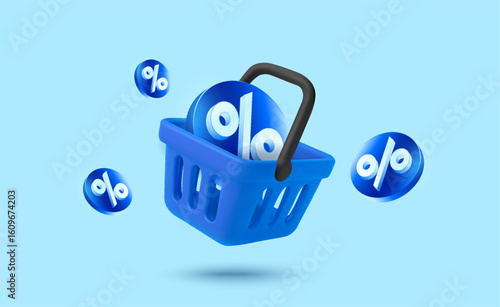 3d blue shopping basket or cart with percent discount tags, isolated on background. Shopping discount concept in 3d vector illustration. Vector illustration