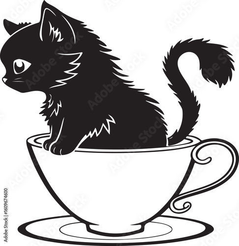 Adorable black kitten comfortably seated inside a teacup with elegant detailed design
