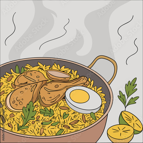 A vibrant close up illustration of steaming chicken biryani served in a traditional copper pot showcasing aromatic rice and tender chicken pieces perfect for culinary themes