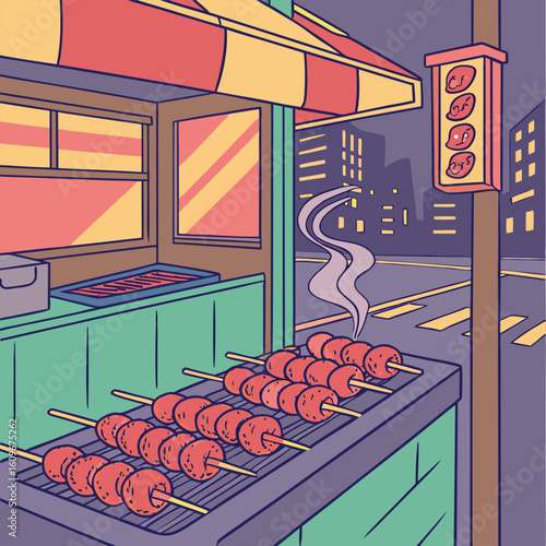 Vibrant nighttime street food stall illuminated with colorful lights close up view of delicious offerings