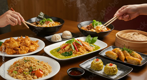 People enjoying a variety of asian dishes with chopsticks