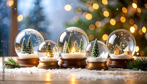 Christmas snow globes lined up on a table