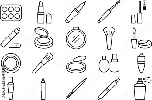Collection of simple black and white makeup icons representing beauty products