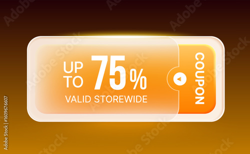 3d voucher inside a glass envelope with coupon code, percentage off, isolated on background. Gift voucher with glass style in 3d vector illustration. Vector illustration