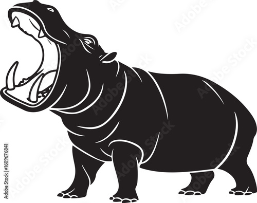 Powerful black and white illustration of a yawning hippopotamus with open mouth and tusks