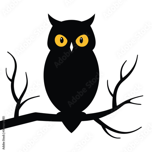 Black owl silhouette with glowing yellow eyes on a bare branch