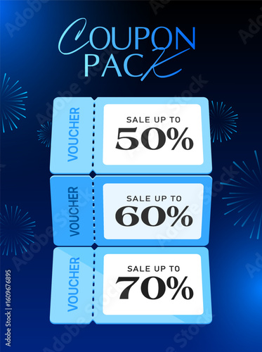 3d stack of coupons, isolated on background with firework effect. Gift voucher stack in 3d vector illustration. Vector illustration