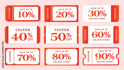 Set of new coupon templates in red and white color with coupon code, percent sale off, isolated on white background. Gift voucher icon set in flat style vector. Vector illustration