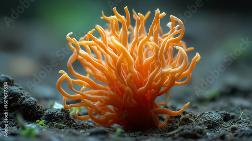 Vibrant Orange Cordyceps Militaris Fungus Growing on Forest Floor in Macro Shot