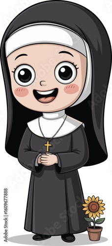 Cute cartoon nun character standing near sunflower plant, religious business mascot, happy face design, cad drawing, flat vector illustration, Catholic concept.