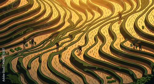 Illustration of Farmers Working in Rice Terraces Under a Warm Sunlight Environment
