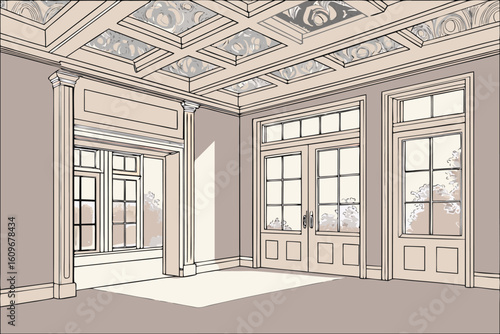 Illustration of an elegant room with coffered ceiling and windows showing an outside landscape view design