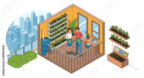 Urban gardening with people showing a sustainable lifestyle for a healthy environment