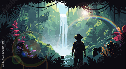 A person contemplating a waterfall and rainbow in a lush green jungle scene