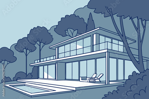 Modern home under construction features timber framing and large glass windows, blending sustainable materials with contemporary residential design, modern flat illustration style