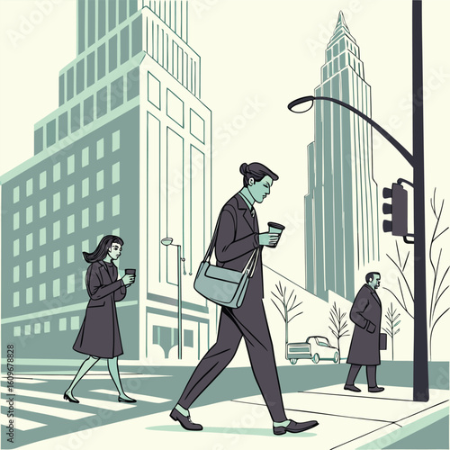 Early morning city commute scene with business professionals in motion illustrating urban life and the start of the workday