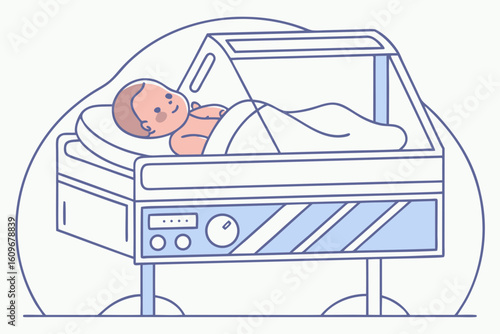 Newborn baby rests peacefully inside a neonatal ICU incubator with soft lighting and medical equipment nearby, symbolizing early care, modern flat illustration style