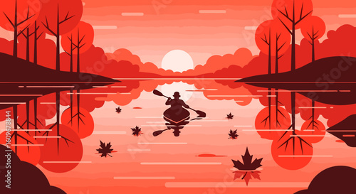 Silhouette of a person canoeing on a lake in an autumnal sunset landscape