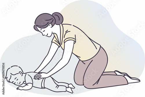 Mother massages her sleeping infant’s back gently to support muscle development and bonding, tender parenting moment, modern flat illustration style.
